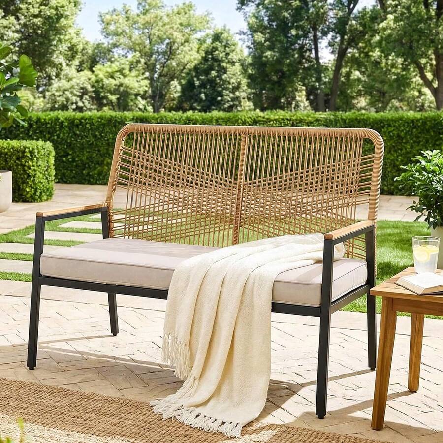 Outdoor Garden Bench Sofa With 8cm Seat Cushion, Rattan Rope Backrest, WPC Armrests, Metal Frame & Adjustable Feet, Loveseat For Garden Balcony Backyard ( 115*60*94.5cm) - Beige - View 1
