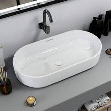 Ceramic Tabletop Wash Basin – Compact Oval Bathroom Sink For Modern Spaces, Smooth White Finish, Space-Saving Design (28 * 14.5 * 6 Inches) – Easy-To-Clean Surface, Rounded Edges, Lightweight Installation-Friendly Shape – Ideal For Small Bathrooms, P - White - View 10