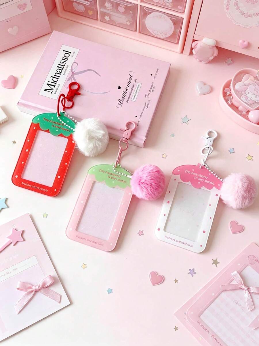 1pc Girls Heart Cartoon Strawberry 3-Inch Small Card Display Card Set, Student Idol Pendant Hard Card Set, Bus Card Holder, First Day Of School - Multicolor - View 1