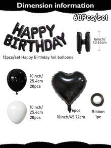 11/60/64件組 黑白生日裝飾套組－黑白人造玫瑰花瓣＋Happy Birthday橫幅＋心形鋁箔氣球＋乳膠氣球，適用於男女生日派對裝飾、飯店房間裝飾、驚喜生日派對、週年紀念 - 黑白 - 查看 11