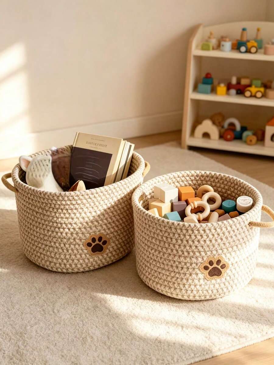 Juego de 3/1 pieza de cesta de almacenamiento tejida a mano, adecuada para sala de estar, baño, dormitorio, perfecta para almacenar suministros para mascotas, ropa, aperitivos, juguetes, cosméticos, artículos de tocador y artículos diversos, cesta de decoración del hogar estilo bohemio - Multicolor - Ver 1