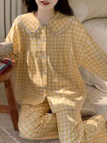 2pcs/Set Women's Pajamas Loungewear Set, Peter Pan Collar Plaid Print Korean Style Long Sleeve Long Pants, Comfortable For Home Wear - Yellow - View 11