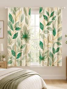 2pcs Watercolor Green Leaf Print Decorative Curtains, No-Drill Rod Pocket Design, Easy Installation & Removable, Polyester Material, Suitable For Living Room, Bedroom, Bohemian Nordic Modern Home Decor - Multicolor - View 10