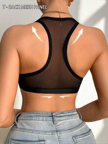 1pc Women's Casual Comfortable Mesh Patchwork Knit Fabric Wire-Free No Padding Front Closure Bra - Black - View 3