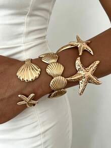 3pcs/Set Vintage Elegant Wide Metal Shell Starfish Shaped Bracelets, Suitable For Women's Daily Wear, Party, Vacation And Multiple Occasions, Gift - Gold - View 1