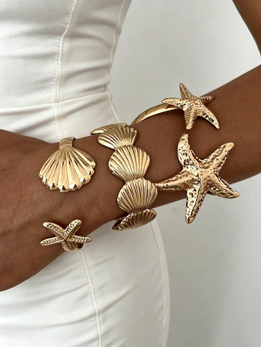 3pcs/Set Vintage Elegant Wide Metal Shell Starfish Shaped Bracelets, Suitable For Women's Daily Wear, Party, Vacation And Multiple Occasions, Gift - Gold - View 1