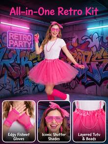 Rainbow 80s 7-Piece Adult Retro Party Costume Set, Shutter Shades, Rainbow Scrunchie Socks, Lace Headband, Neon Gloves, Lightning Earrings, Disco Outfit Props, Suitable For Neon/Rainbow Dopamine Colorful Party, Neon UV Fluorescent Party, Blacklight Glow Party, Rainbow Dopamine Theme Birthday Party, Halloween Retro Funny Cosplay, Carnival, Colorful Festival, Costume Party - Multicolor - View 5