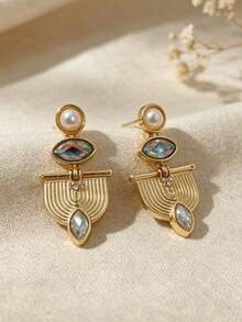 1 Pair Vintage Elegant Geometric Moonstone & Pearl Design Pendant Earrings, Suitable For Women's Daily, Party, Travel Wear Jewelry Gift - Yellow Gold - View 5