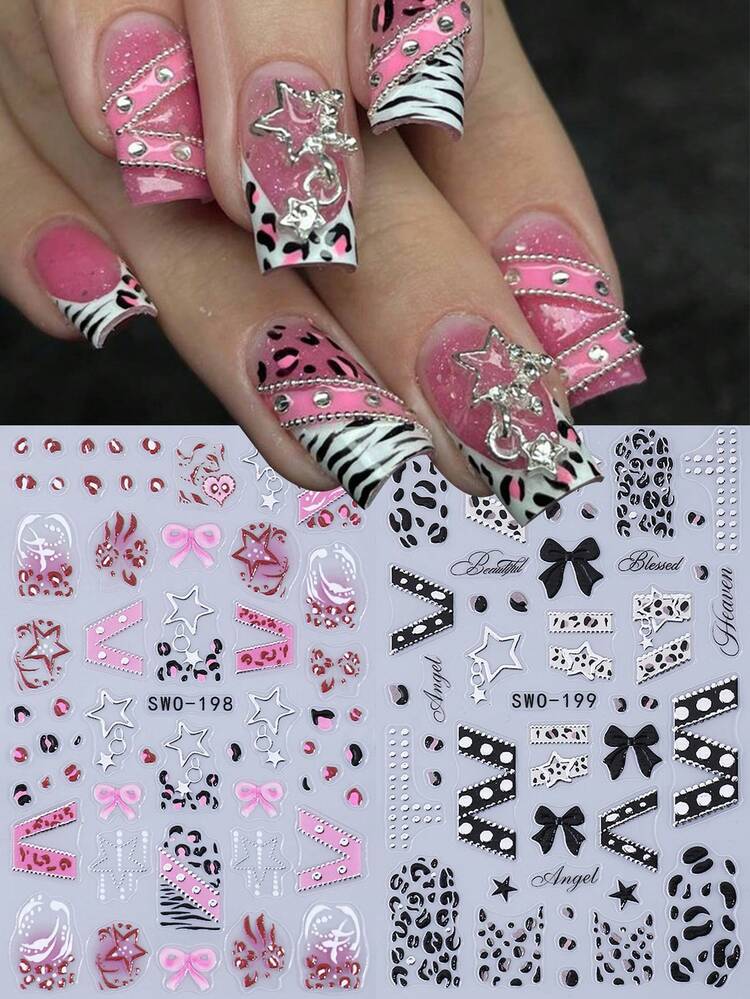 2pcs 3D Y2K Style Nail Stickers, 5D Embossed Pink Leopard Print Bow & Black Cow Print Curved Border Gothic Design, Self-Adhesive Nail Art Decals For DIY Nail Decoration - Multicolor - View 3