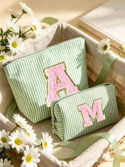 Green Striped Makeup Bag Set, Towel With Embroidered Letter Pattern, Travel Zipper Storage Bag, Portable Travel Item Storage Bag, Multi-Functional Makeup Bag, Stationery Storage Bag, Essential For Airplane Travel, School Stationery And Travel Daily Supplies, Ideal Gift For Students And Teachers, Suitable For Vacation, Travel, Business Trip, Gift Giving And Daily Use, Unique Back To School Gift, Travel Gift, Birthday Gift, Party Gift, Applicable For School Commute, Weekend Vacation And Bathroom Cosmetic Storage