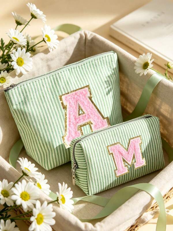 Green Striped Makeup Bag Set, Towel With Embroidered Letter Pattern, Travel Zipper Storage Bag, Portable Travel Item Storage Bag, Multi-Functional Makeup Bag, Stationery Storage Bag, Essential For Airplane Travel, School Stationery And Travel Daily Supplies, Ideal Gift For Students And Teachers, Suitable For Vacation, Travel, Business Trip, Gift Giving And Daily Use, Unique Back To School Gift, Travel Gift, Birthday Gift, Party Gift, Applicable For School Commute, Weekend Vacation And Bathroom Cosmetic Storage