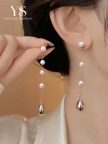 1 Pair Faux Pearl Tassel Long Water Drop Earrings, Korean Style Dangle Earrings, Elegant High-End Pendant Jewelry For Women's Daily Casual Wear - Tassel Pearl Teardrop Style - View 2