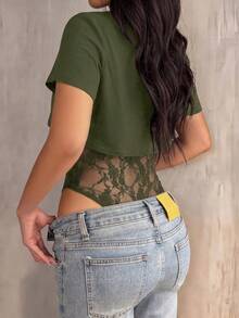 GLAMSKIN Women's Sexy 2-In-1 Short Sleeve Bodysuit, Lace Patchwork Sheer Mesh Summer Party Outfit, Casual Dating Autumn Back To School Outing Wear - Army Green - View 2
