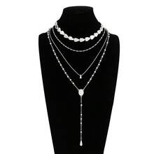 4pcs/Set Vintage Gold Multi-Layer Stacked Necklace, Asymmetrical CCB Beaded Snake Chain Water Drop Pendant Y-Shaped Tassel Collarbone Chain, Sexy Deep V Neck Accessory - 4-piece Necklace Set - View 9