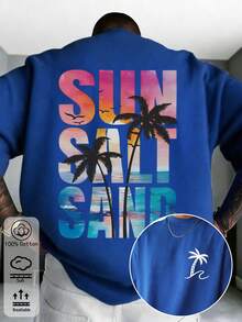 T Summer Men's Slim Fit T-Shirts, With Vibrant 'Sun Sand' Tropical Palm Tree Print For Vacation Beach Travel - Blue - View 1