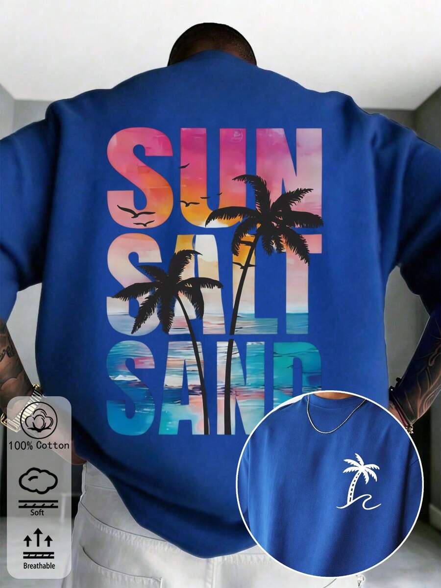 T Summer Men's Slim Fit T-Shirts, With Vibrant 'Sun Sand' Tropical Palm Tree Print For Vacation Beach Travel - Blue - View 1