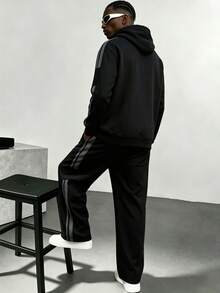Autumn/Winter Men's Hooded Pullover Sweatshirt Casual Commute Travel Workout Striped Long Pants 2 Pieces Set - Black - View 3