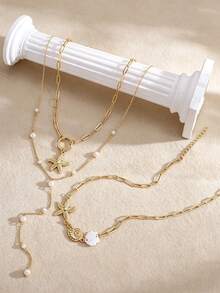 3pcs/Set Fashion Minimalist Elegant Vacation Style Women's Necklace Set With Shell And Faux Pearl Elements, Suitable For Daily Wear, Party, Vacation, Date, Commute, Perfect Gift For Family And Girlfriend On Holidays - Gold - View 3