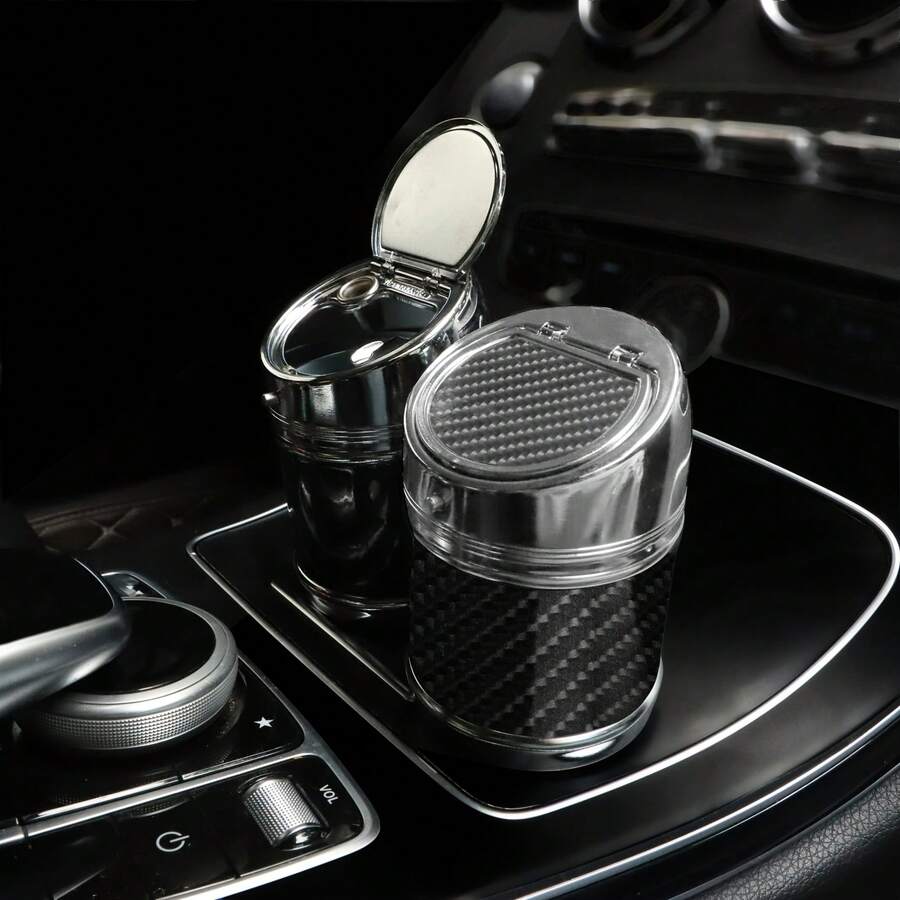Carbon Fiber Style Cylindrical Car Ashtray With Lid, Flame Retardant Multi-Function Universal Car Interior Accessory
