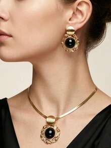 2pcs/Set Elegant Vintage Floral Pattern Banquet Style Women's Earrings And Necklace - Golden Yellow/black - View 1