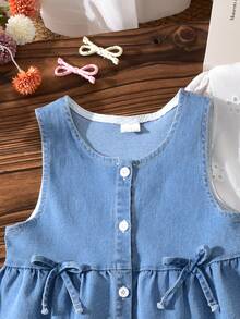 Vihyde Girls 2-Piece Set, Denim Bow Tank Top + Hollow Embroidery Ruffle Collar Long Sleeve Dress Set - Light Wash - View 4