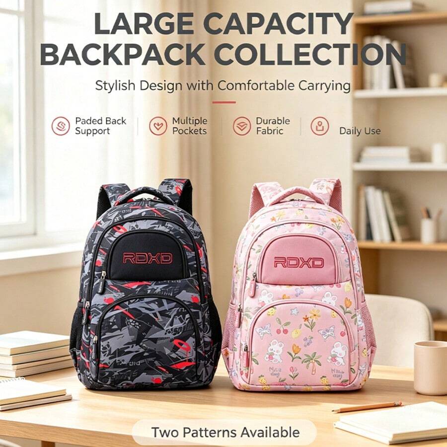 Sac à dos grande capacité motif dessin animé, 2 couleurs, sac à dos pour femmes, design ergonomique, sac à dos de voyage, sac à dos de randonnée, design multicouche, convient pour la rentrée scolaire, les vacances, les rendez-vous, les achats, cadeau de Noël. Unisexe. - Rectangle - Voir 1