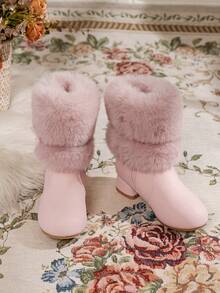 1 Pair Kids' Popular Snow Boots, Boys' And Girls' Fashion Versatile Soft Sole Anti-Slip Wear-Resistant Solid Color Thermal Lined Warm Boots - Pink - View 2