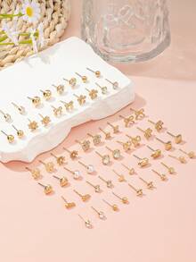 30 paires de boucles d'oreilles à tige pour femmes, motifs fleurs, nœuds, cœurs, carrés, géométriques, pour une utilisation quotidienne et les jours de fête - Or jaune - Voir 3