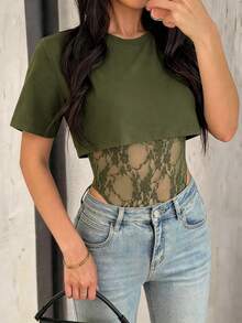 GLAMSKIN Women's Sexy 2-In-1 Short Sleeve Bodysuit, Lace Patchwork Sheer Mesh Summer Party Outfit, Casual Dating Autumn Back To School Outing Wear - Army Green - View 3