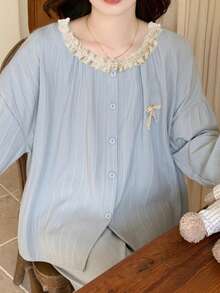 2pcs/Set Women's Pajamas Loungewear Set, Cardigan With Ruffle Lace Trim, Fashionable Long Sleeve & Long Pants, Easy Care Fabric - Blue - View 6
