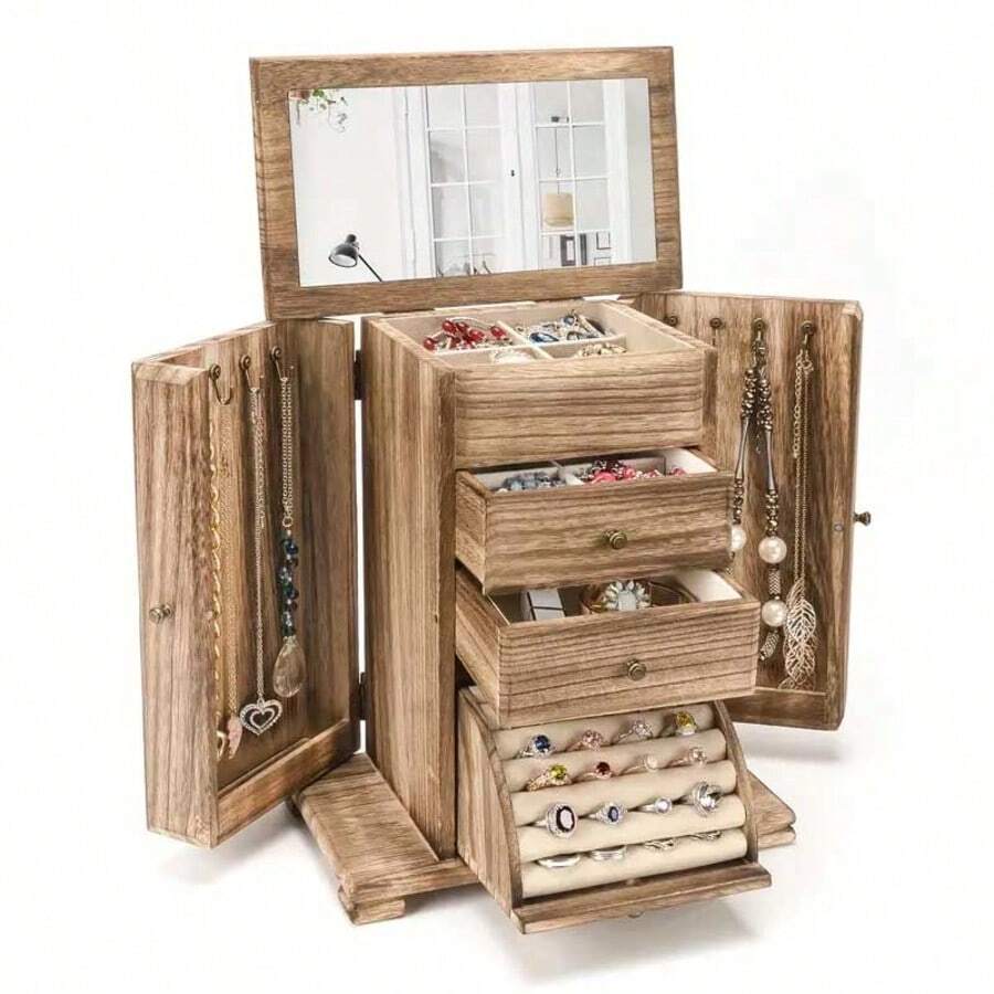 4 Layer Jewelry Organizer Box Display For Rings Earrings Necklaces Rustic Wooden Jewelry Boxes & Organizers With Mirror - Brown - View 1