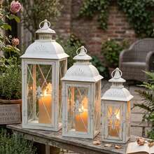 Set Of 3 Decorative Candle Lantern 19''&13"&10" H Vintage Metal Candle Holder With Tempered Glass Perfect For Garden Yard Patio Wedding Parties Events Indoors NOT Including Candles - 白色 - 查看 1