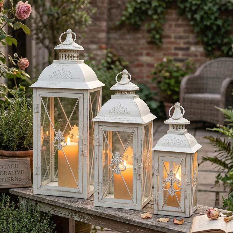 Set Of 3 Decorative Candle Lantern 19''&13"&10" H Vintage Metal Candle Holder With Tempered Glass Perfect For Garden Yard Patio Wedding Parties Events Indoors NOT Including Candles - 白色 - 查看 1