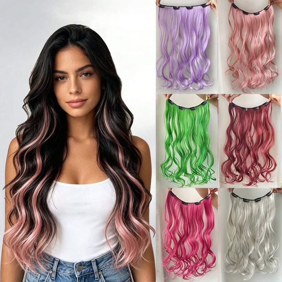 1pc Wavy Synthetic Hair Extension With Clips, Suitable For Adding Colorful Highlights, Anti-Frizz Design, Perfect For Summer Street Style, Halloween Eye-Catching Accessory - Multicolor - View 1