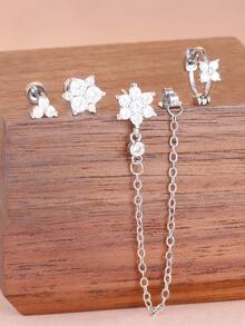 4PCS Fashion Zirconia Flower Tassel Chain Pendant Earrings Set For Women Stainless Steel Clover Ear Stud Cartilage Piercing Jewelry - 4PCS - Silver - View 1