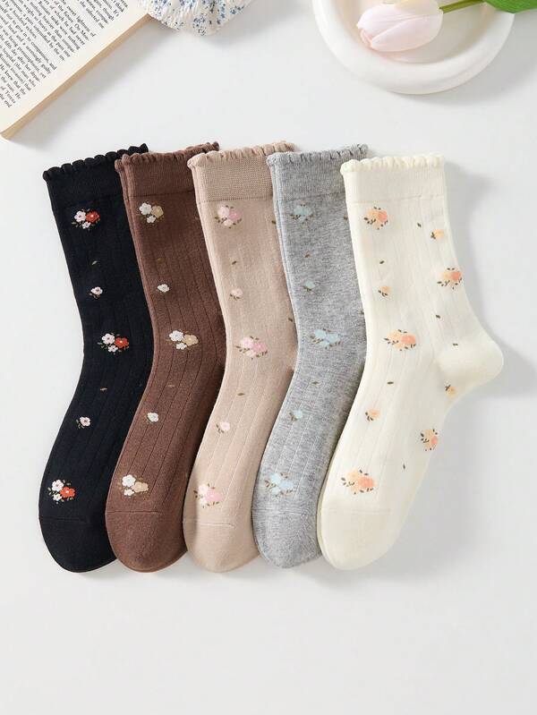 5 Pairs Women's Floral Pattern Mid-Calf Socks, Simple Comfortable Ruffle Socks, Breathable Fashionable, Suitable For Daily Wear, All Seasons