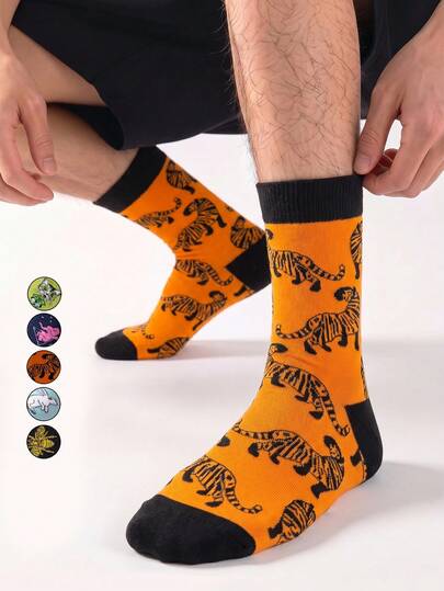 1/5/10 Pairs American Vintage Animal Print Casual Sports Style Unisex Mid-Calf Socks Men's Socks Happy Crazy Socks