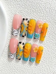 10pcs Y2K Style Handmade Press-On Nails, Polygel Nail Art Set, Tortoise Shell & Floral Pattern, Orange & Blue Nails, Sweet & Cool Vacation Style, Includes Nail Tools, 3 Sizes Available, Almond/Duck/Coffin Shape, Suitable For Party, Dancing, Daily Wear - Multicolor - View 4
