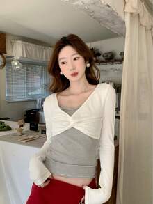 Spring/Autumn Korean Style Striped Long Sleeve T-Shirt For Women, Design Contrast Color V-Neck Knot Base Layer Top, 2 In 1 - White - View 3