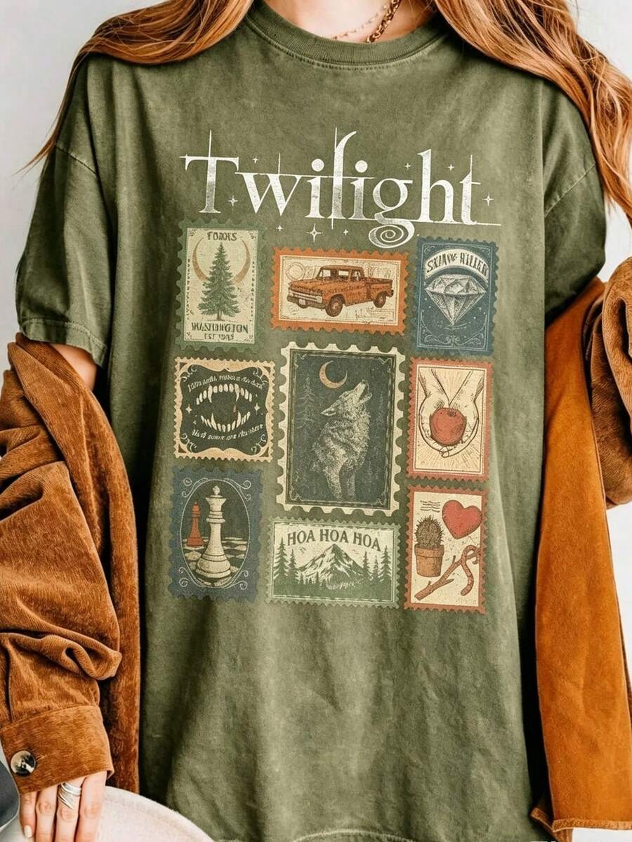 Vintage Twilight Movie Women T-Shirt, Retro Vampire And Wolves Graphic Tee, Y2K Oversized Classic 2000s Film Aesthetic Apparel, GothicHorror Romance - 綠色1 - 查看 1