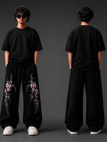 SU ER Men's Casual Loose Drawstring Elastic Waist Wide Leg Long Pants, Summer Relaxed Drape Lazy Style - Black - View 4