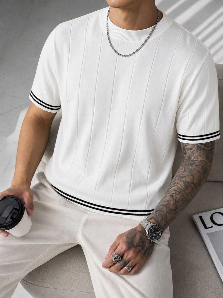 Men's Mock Neck Striped Trim Ribbed Knit Short Sleeve Top Casual Daily Wear