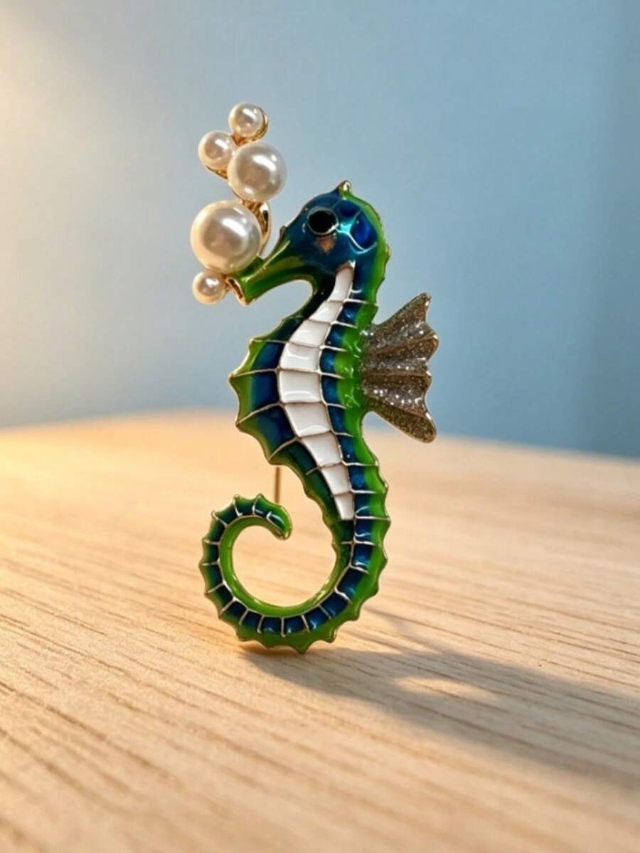 1pc Ocean Vacation Spring/Summer Fashion Inlaid Faux Pearl Small Seahorse Enamel Oil Drop Decor Women's Brooch Lapel Pin Suitable For Daily Outings And Clothing Matching - Seahorse Brooch - View 1