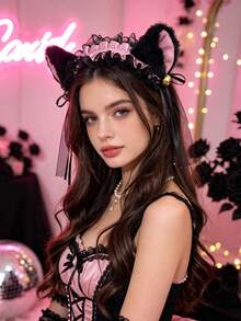 1 Peça Tiara de Orelha de Gato de Pelúcia com Babado de Renda, Sino e Borla, Estilo Lolita Gótica Doce, Acessório de Cabelo para Cosplay, Anime e Festa de Halloween - Multicolorido - Visão 1