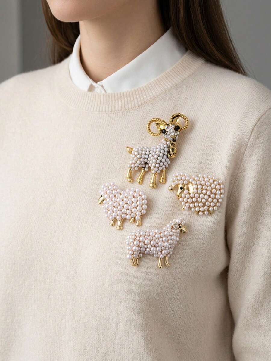 奢華珍珠羊胸針 女款中性動物胸針 休閒派對珠寶飾品 朋友禮物徽章裝飾 - 羊 - 查看 1