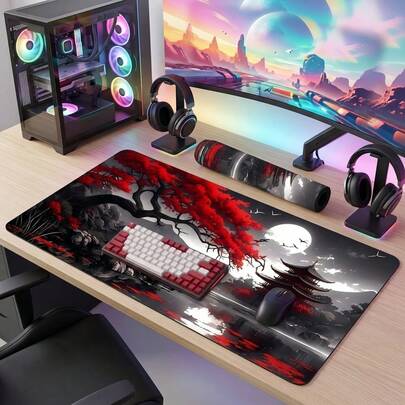 Bright Red Black Gray Marble Swirl Pattern Extra Long Mouse Pad, Non-Slip Rubber Bottom, Smooth Gaming Desk Mat, Suitable For PC Laptop, Office Home, Abstract Art Decor, Back To School Desktop Accessory, Office Supplies Mouse Pad Set