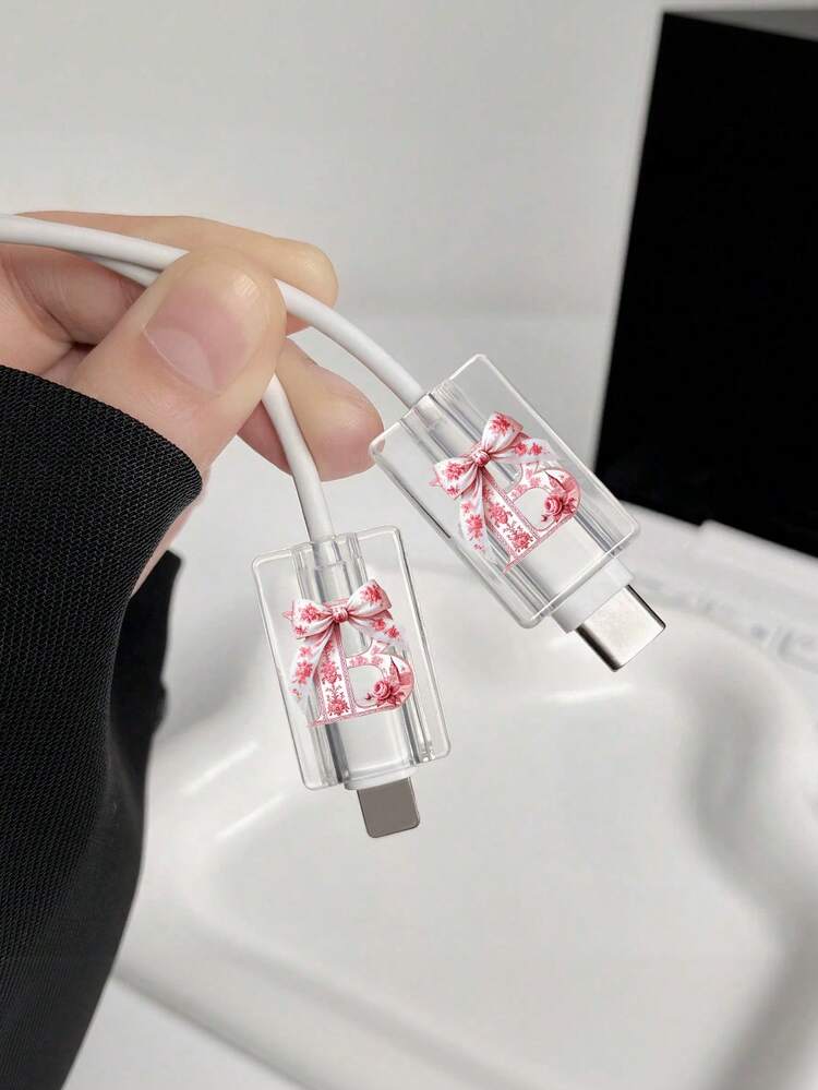 2pcs Flower Letters ForIPhone Data Cable Anti Breakage Protection Head Anti Drop Data Cable Protection Cover Star/Bow/Transparent - Multicolor - View 7