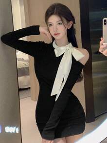 Autumn New Sexy Bodycon Long Sleeve Little Black Dress Fitted Bow Short Dress - Black - View 4