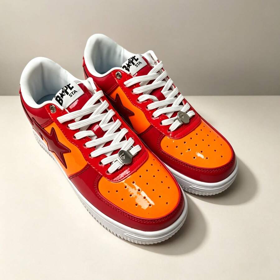 A BATHING APE Bape 休閒滑板鞋 拼色星星Logo亮面休閒鞋 深紅橘色 男女款鞋