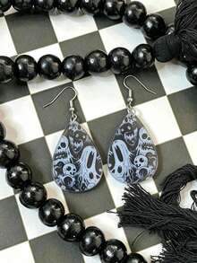 1Pair Black Teardrop White Spider Web Line Print 2D Flat Acrylic Hook Dangle Earrings, Minimal Halloween Cobweb Pattern Drop Earrings For Women. - Ghost - View 4